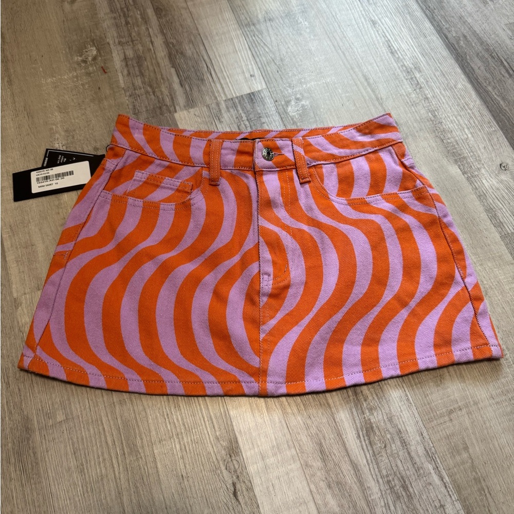 SWIRL ABSTRACT PRINT DENIM MINI SKIRT Size 10 Momokrom brand new Dolls Kill